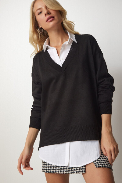 Women's Black V-Neck Oversized Knit Sweater BV00082 - HAPPINESS İSTANBUL (1)