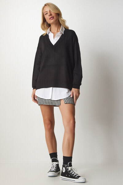 Women's Black V-Neck Oversized Knit Sweater BV00082 - 3