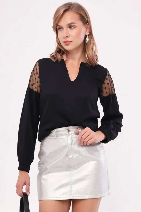 Women's Black V-Neck Puff Sleeve Tulle Blouse ARM-20K001038 - 1