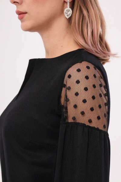 Women's Black V-Neck Puff Sleeve Tulle Blouse ARM-20K001038 - ARMONIKA (1)