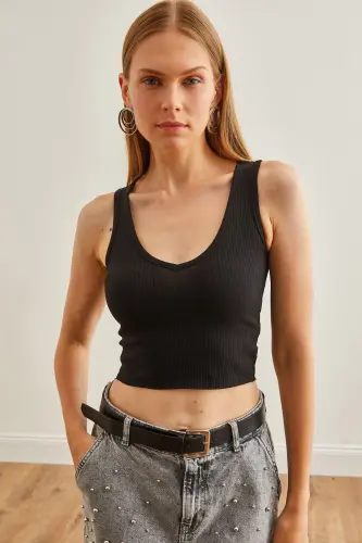 Women's Black V Neck Ribbed Crop T-Shirt TSH-1900082 - 5