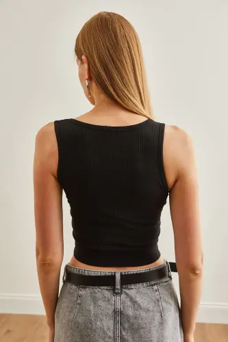 Women's Black V Neck Ribbed Crop T-Shirt TSH-1900082 - 6