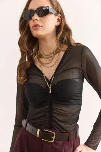 Women's Black V-Neck Ruched Detailed Tulle Blouse Blz-1900 - 3