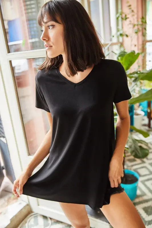 Women's Black V-Neck Side Slit Oversized Loose T- - 1