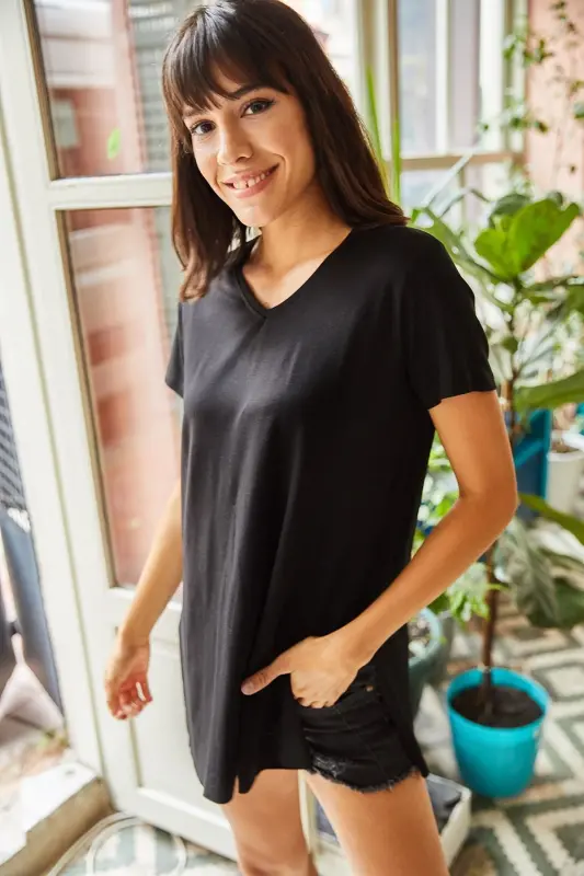 Women's Black V-Neck Side Slit Oversized Loose T- - 2
