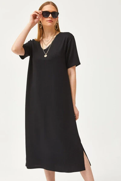 Women's Black V-Neck Side Slit Soft Fabric Dress ELB-19002063 - OLALOOK