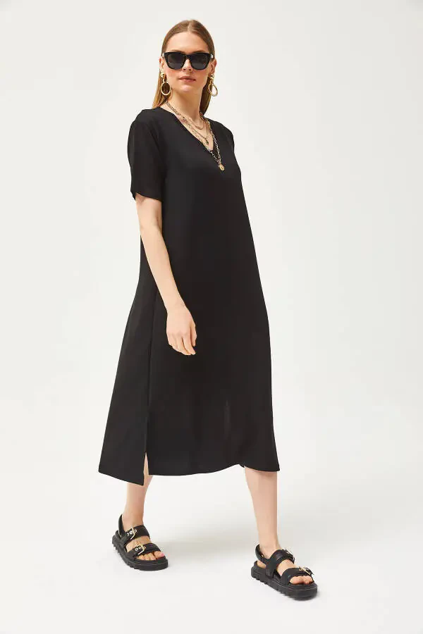 Women's Black V-Neck Side Slit Soft Fabric Dress ELB-19002063 - 2