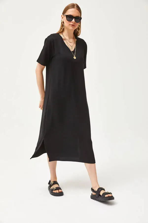 Women's Black V-Neck Side Slit Soft Fabric Dress ELB-19002063 - 3