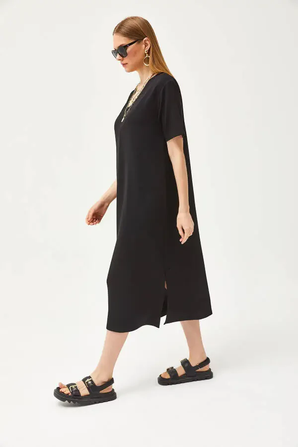 Women's Black V-Neck Side Slit Soft Fabric Dress ELB-19002063 - 4