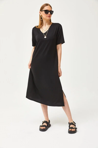 Women's Black V-Neck Side Slit Soft Fabric Dress ELB-19002063 - 5