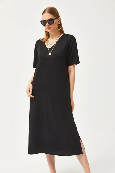 Women's Black V-Neck Side Slit Soft Fabric Dress ELB-19002063 - 6
