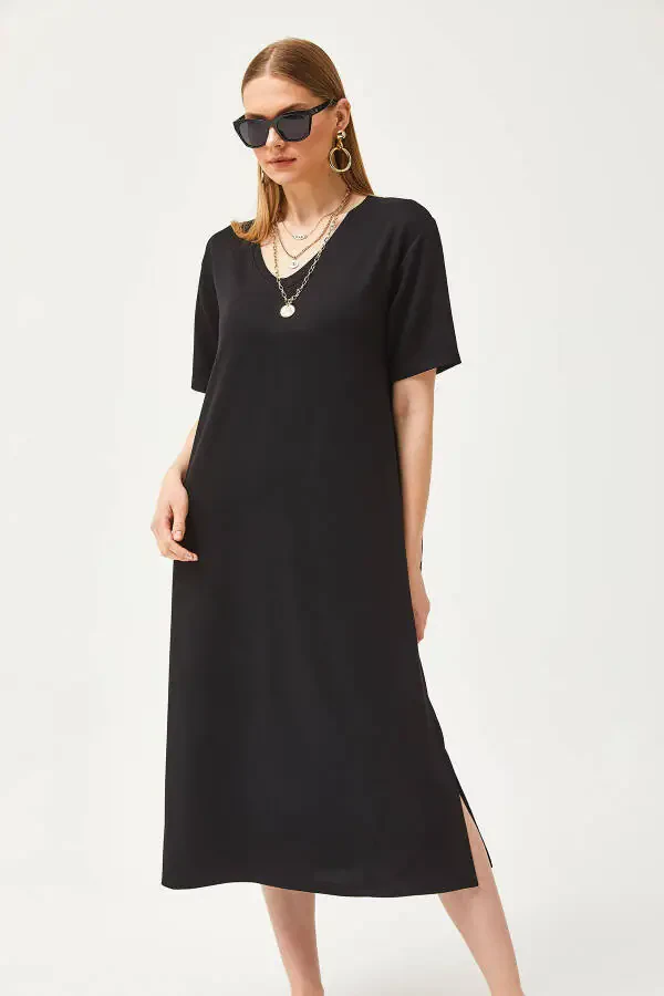 Women's Black V-Neck Side Slit Soft Fabric Dress ELB-19002063 - 6