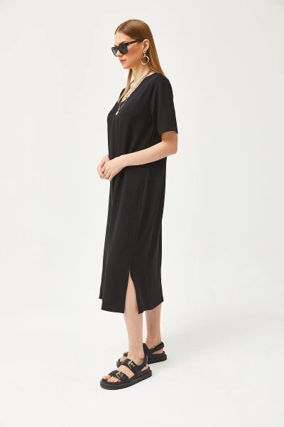 Women's Black V-Neck Side Slit Soft Fabric Dress ELB-19002063 - 7
