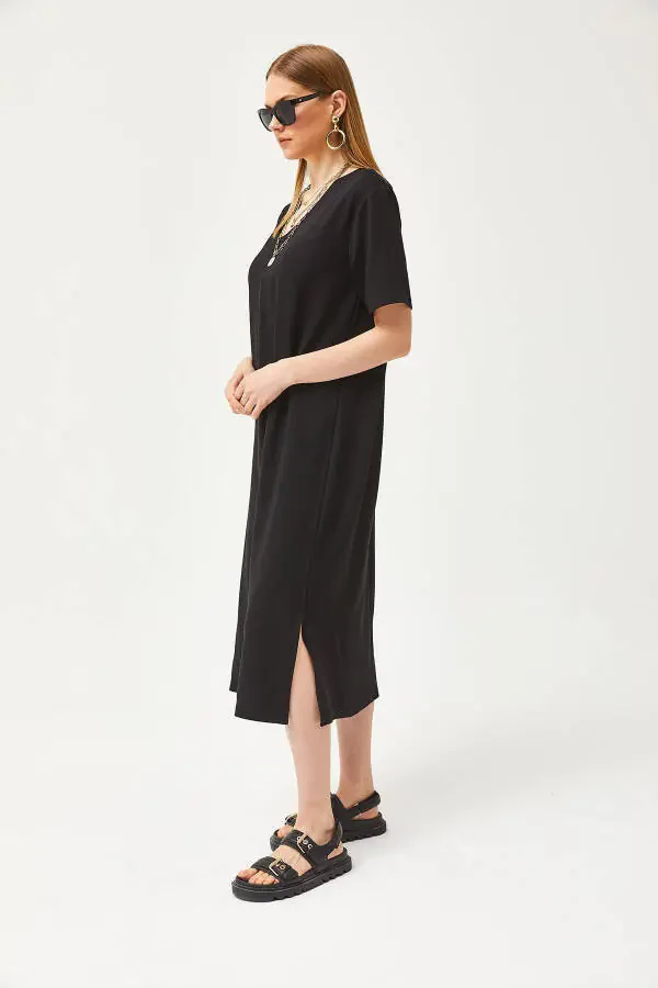 Women's Black V-Neck Side Slit Soft Fabric Dress ELB-19002063 - 7
