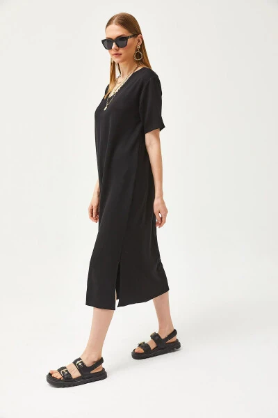 Women's Black V-Neck Side Slit Soft Fabric Dress ELB-19002063 - 8