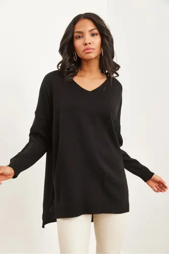 Women's Black V-Neck Slit Detail Basic Knitted Sweater KZK-19000868-Black - 3