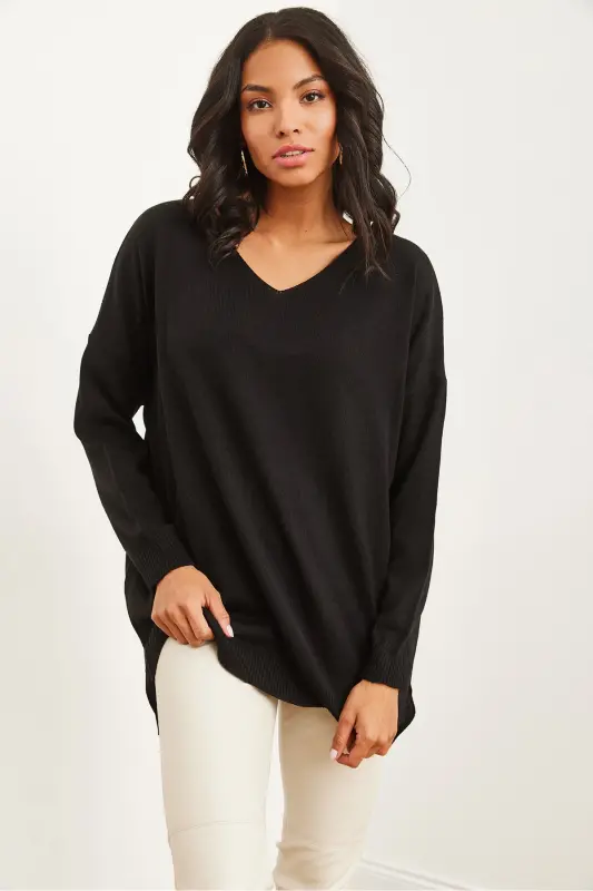 Women's Black V-Neck Slit Detail Basic Knitted Sweater KZK-19000868-Black - 5