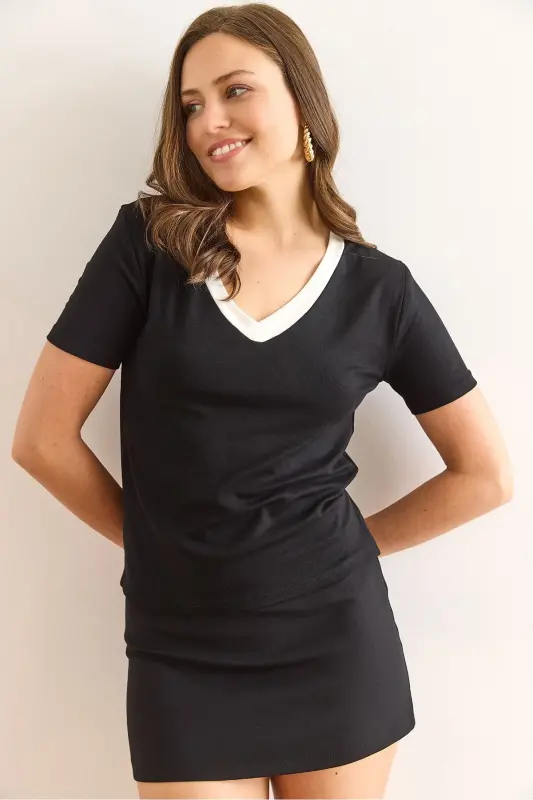 Women's Black V Neck Soft Touch Blouse BLZ-1900302 - 1