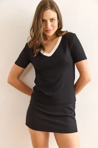 Women's Black V Neck Soft Touch Blouse BLZ-1900302 - 4