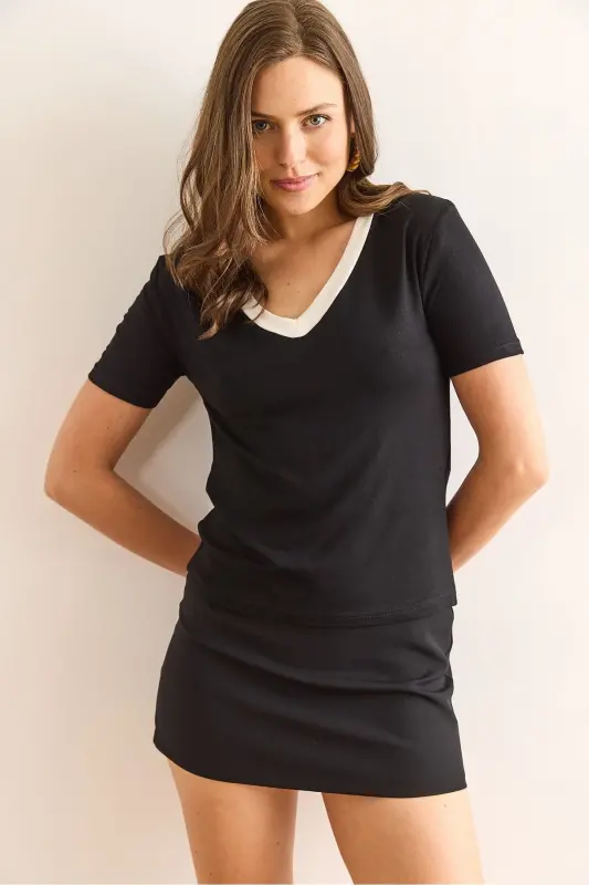 Women's Black V Neck Soft Touch Blouse BLZ-1900302 - 4