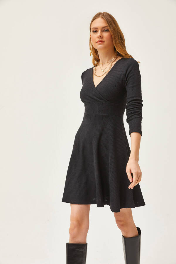 Women's Black V-Neck Wrap Mini Dress with Ruffles ELB-19002043 - 3