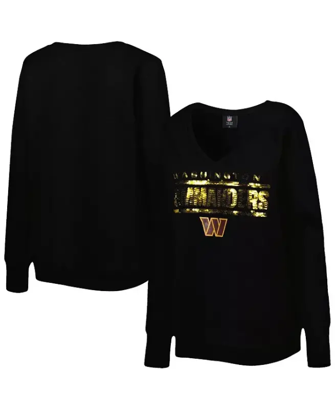 Women's Black Washington Commanders Sequin Logo V-Neck Pullover Sweatshirt-Black - 1