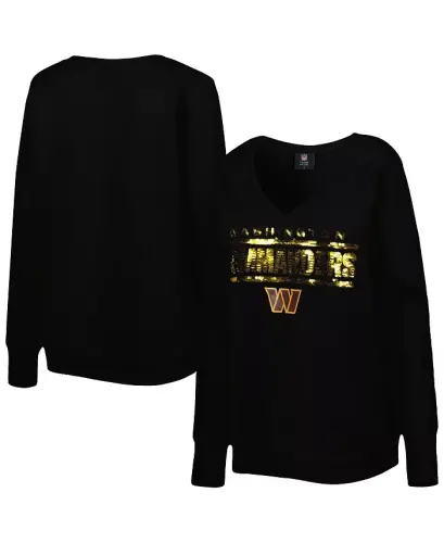 Women's Black Washington Commanders Sequin Logo V-Neck Pullover Sweatshirt-Black - CUCE (1)