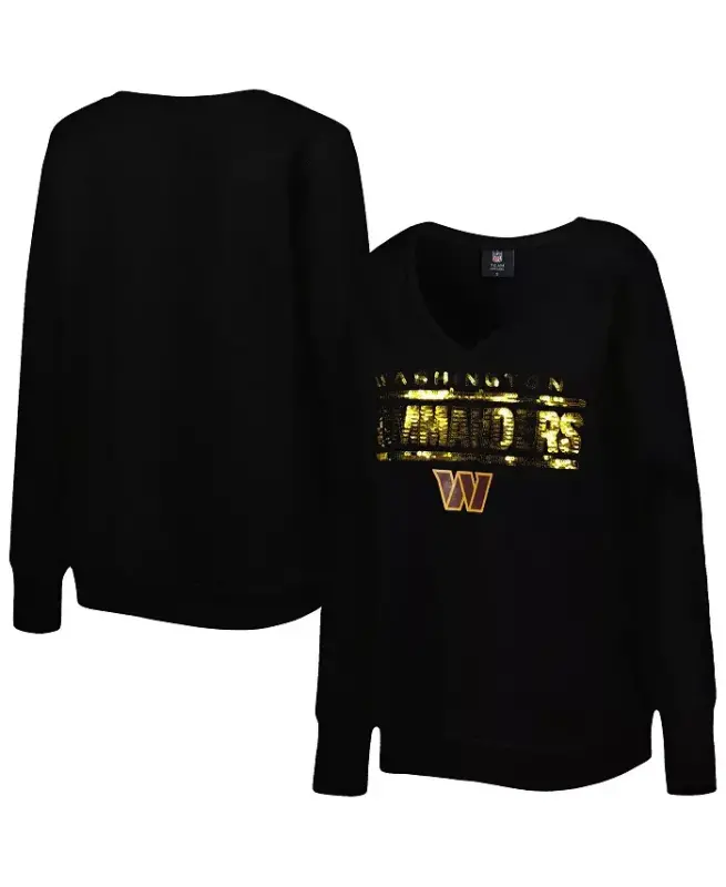 Women's Black Washington Commanders Sequin Logo V-Neck Pullover Sweatshirt-Black - 2