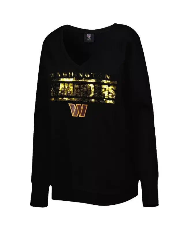 Women's Black Washington Commanders Sequin Logo V-Neck Pullover Sweatshirt-Black - 3