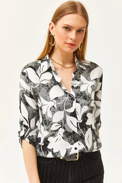 Women's Black Watercolor Effect Woven Shirt GML-19001178 - OLALOOK