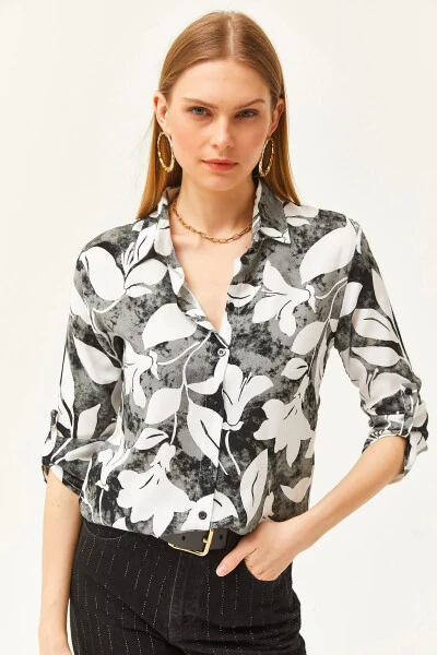 Women's Black Watercolor Effect Woven Shirt GML-19001178 - 3