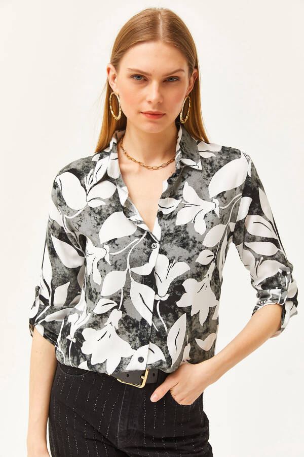 Women's Black Watercolor Effect Woven Shirt GML-19001178 - 3
