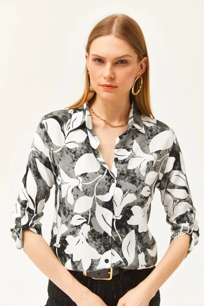 Women's Black Watercolor Effect Woven Shirt GML-19001178 - 5