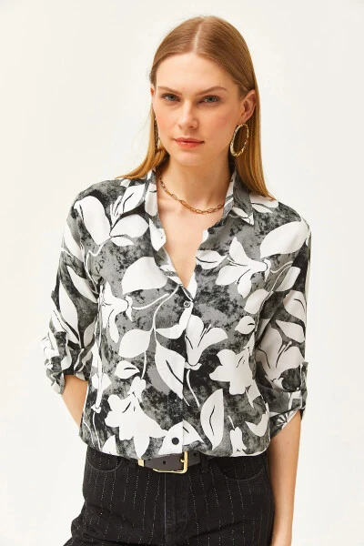 Women's Black Watercolor Effect Woven Shirt GML-19001178 - 6