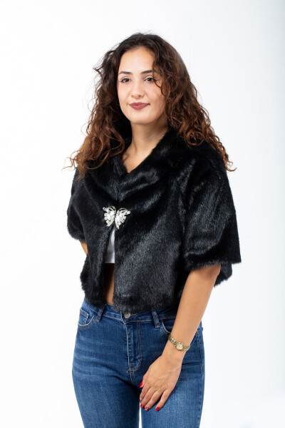 Women's Black Wedding and Evening Dress Fur Short Sleeve Stone Bolero - KRK