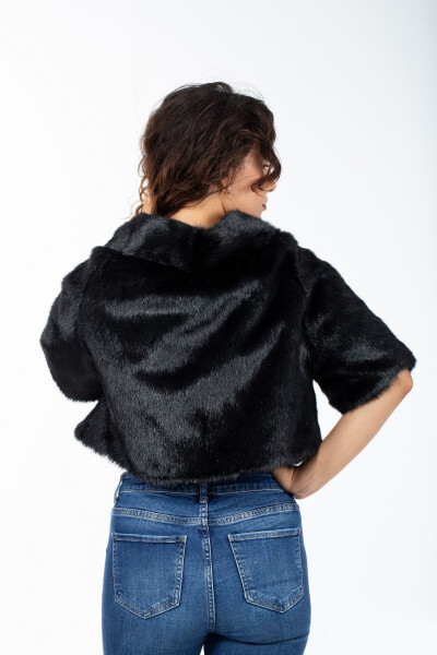 Women's Black Wedding and Evening Dress Fur Short Sleeve Stone Bolero - KRK (1)