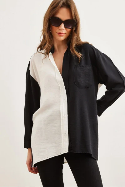Women's Black White Color Block Oversized Lily Shirt GML-19001268 - OLALOOK