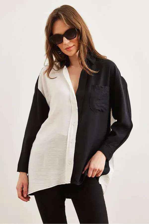 Women's Black White Color Block Oversized Lily Shirt GML-19001268 - 2