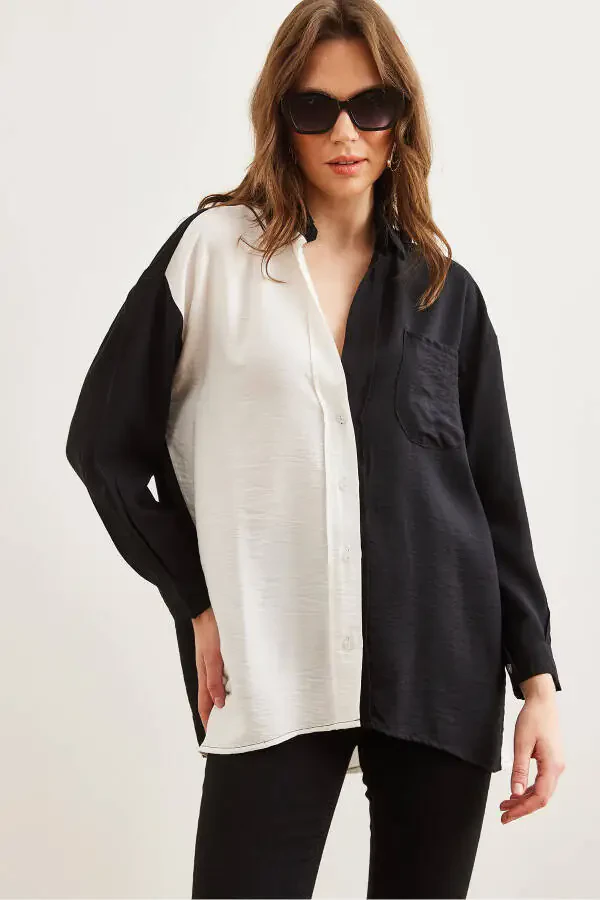 Women's Black White Color Block Oversized Lily Shirt GML-19001268 - 3