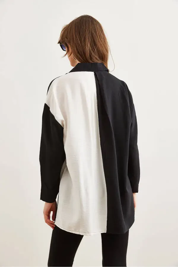 Women's Black White Color Block Oversized Lily Shirt GML-19001268 - 6