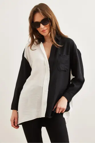 Women's Black White Color Block Oversized Lily Shirt GML-19001268 - 3