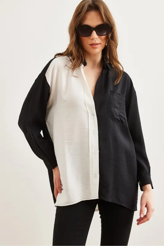 Women's Black White Color Block Oversized Lily Shirt GML-19001268 - 4
