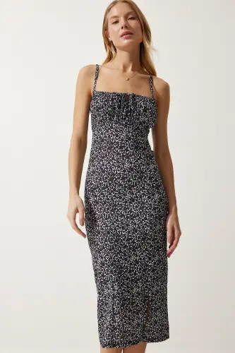 Women's Black White Floral Slit Summer Knitted Dress CI00029-Black White 