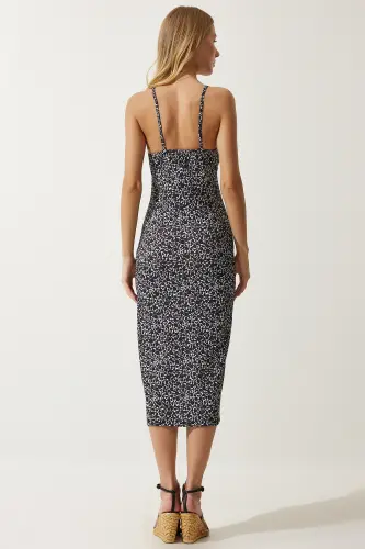 Women's Black White Floral Slit Summer Knitted Dress CI00029-Black White - 5