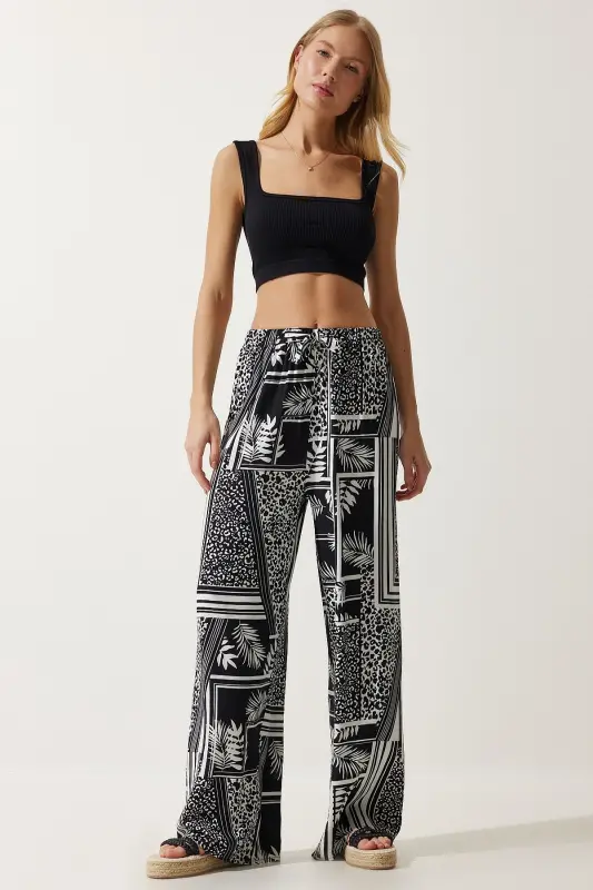 Women's Black White Patterned Flowy Viscose Palazzo Pants EN00606-Black White - HAPPINESS İSTANBUL