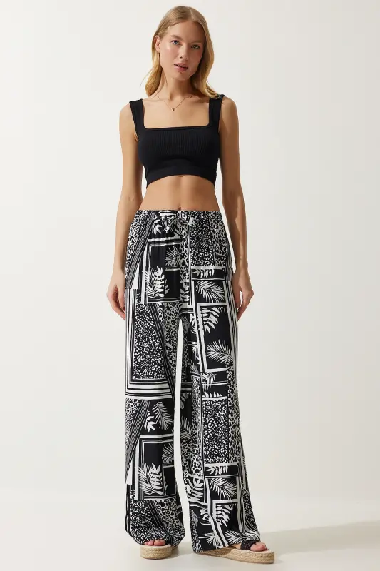 Women's Black White Patterned Flowy Viscose Palazzo Pants EN00606-Black White - 3