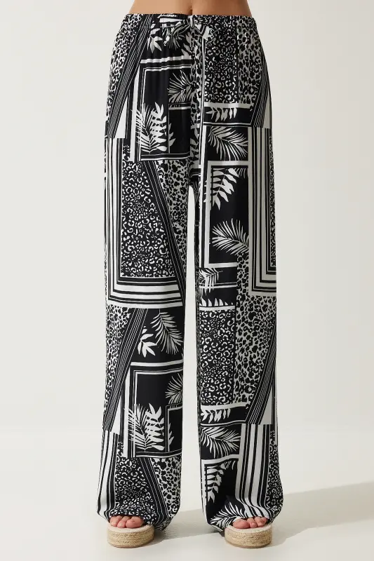 Women's Black White Patterned Flowy Viscose Palazzo Pants EN00606-Black White - 4