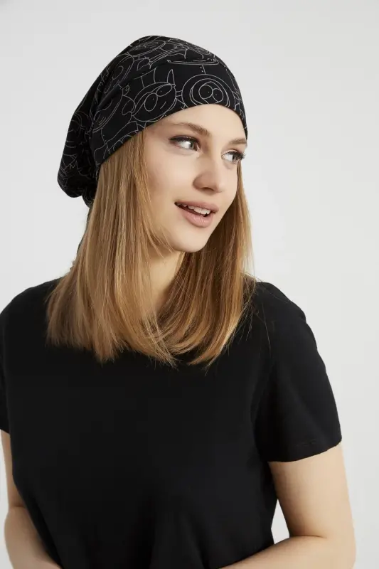 Women's Black, White Patterned, String Detailed 4 Season Hat Beret Buff -Ultra Soft Natural Combed Cotton Fabric-Black on white patterned - 4