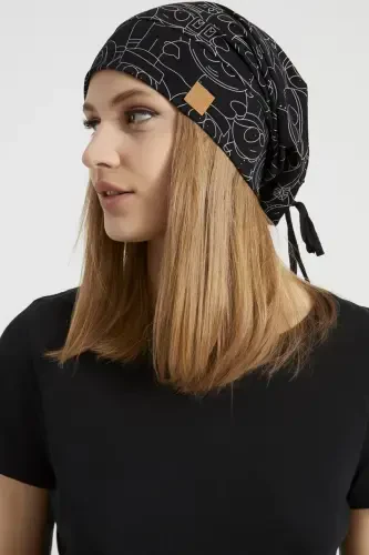 Women's Black, White Patterned, String Detailed 4 Season Hat Beret Buff -Ultra Soft Natural Combed Cotton Fabric-Black on white patterned - 1