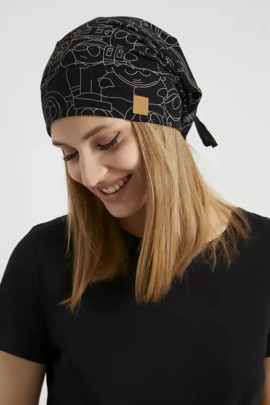 Women's Black, White Patterned, String Detailed 4 Season Hat Beret Buff -Ultra Soft Natural Combed Cotton Fabric-Black on white patterned - 2